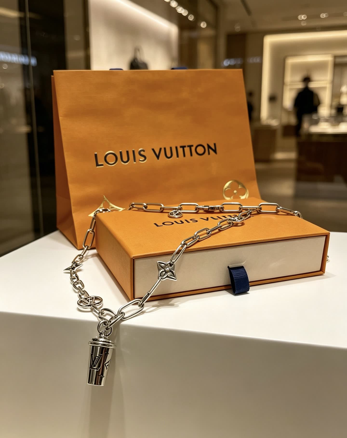 Louis Vuitton Silver Chain Necklace with Logo Charms